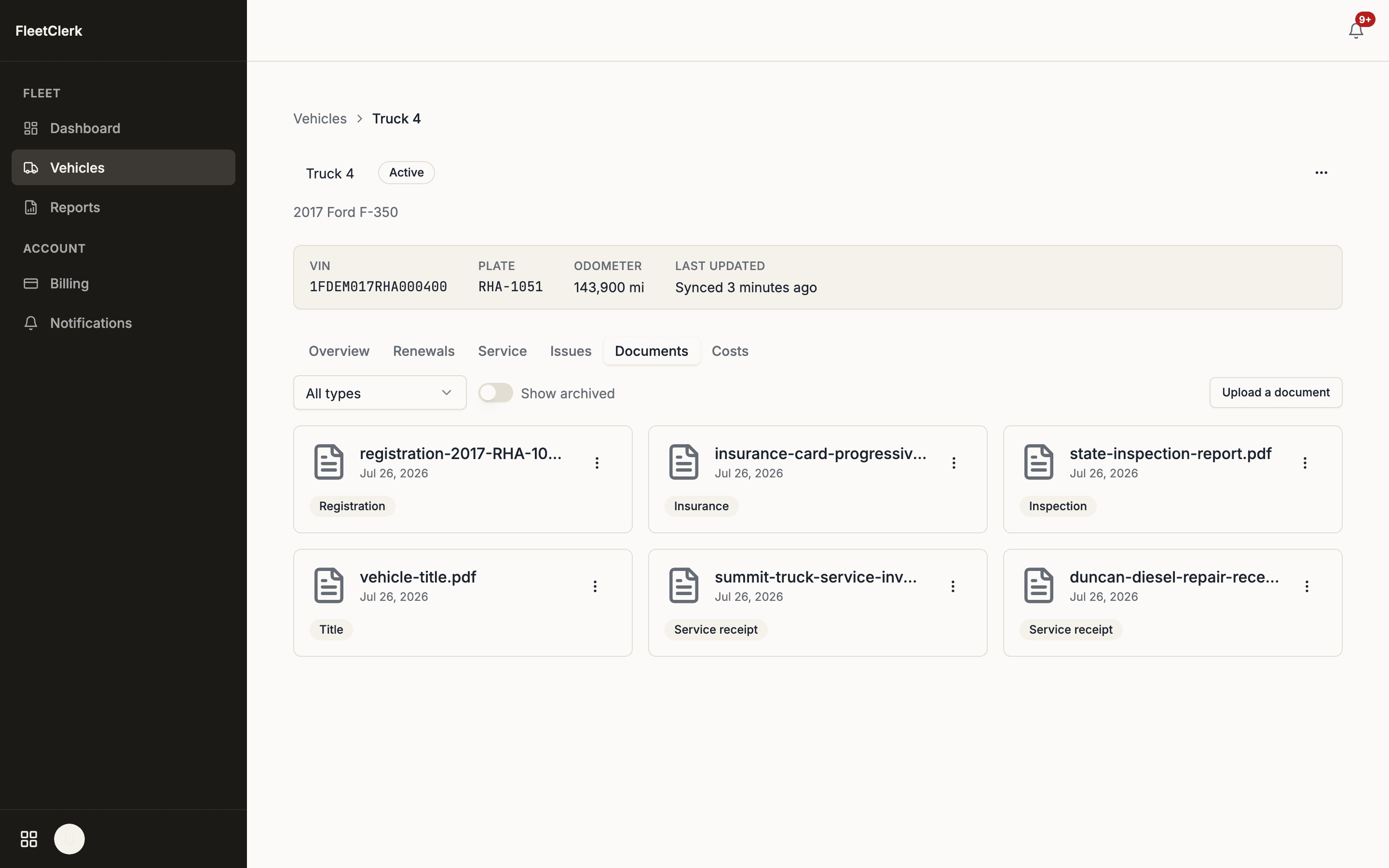 Truck 4's documents tab — registration, insurance card, inspection, title, and service receipts filed in one place for the whole shop to pull.
