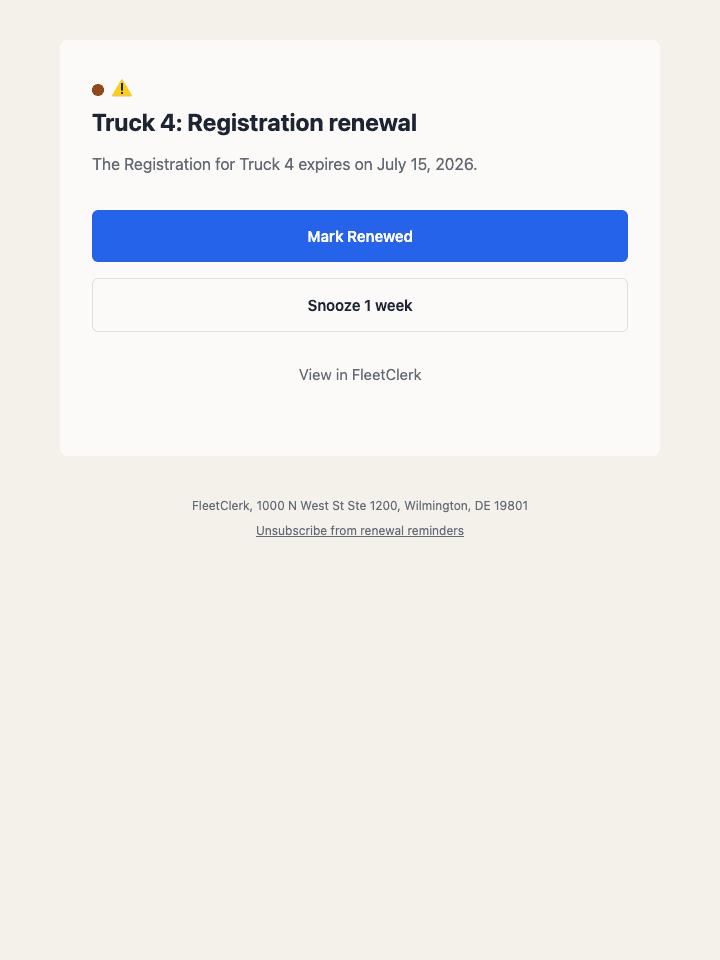 Renewal reminder email with one-tap Mark Renewed and Snooze buttons.
